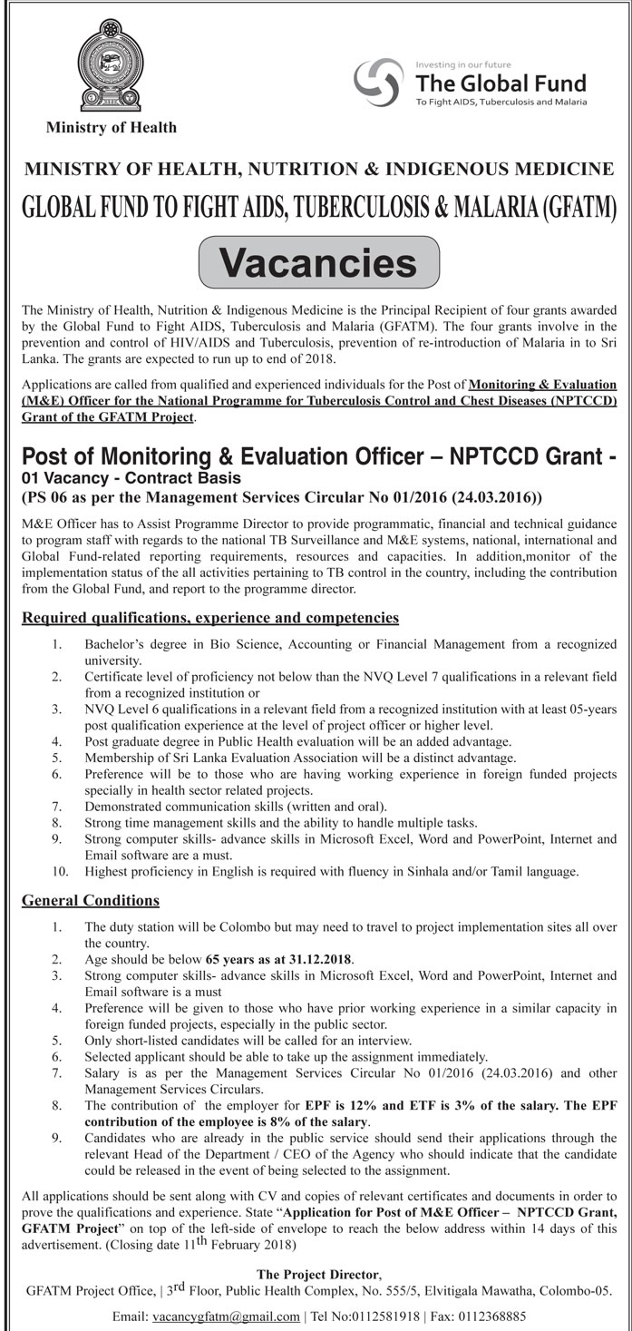 Monitoring & Evaluation Officer - Ministry of Health, Nutrition & Indigenous Medicine